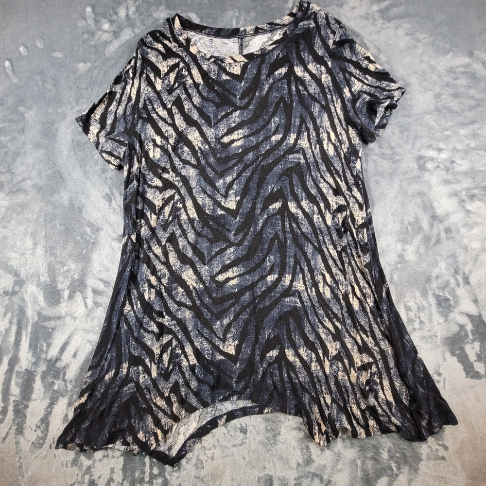 New Directions Womens Blue Black Zebra Print Tunic Top Sharkbite Hem Medium